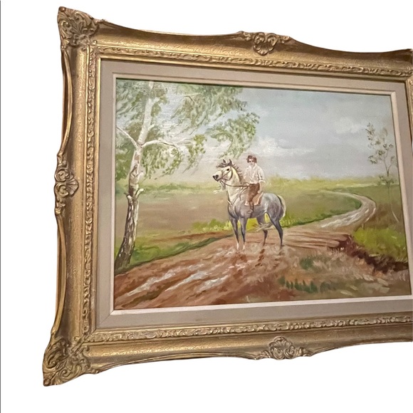 Vintage Polish unsigned oil painting Boy on a horse framed on board - Picture 6 of 7